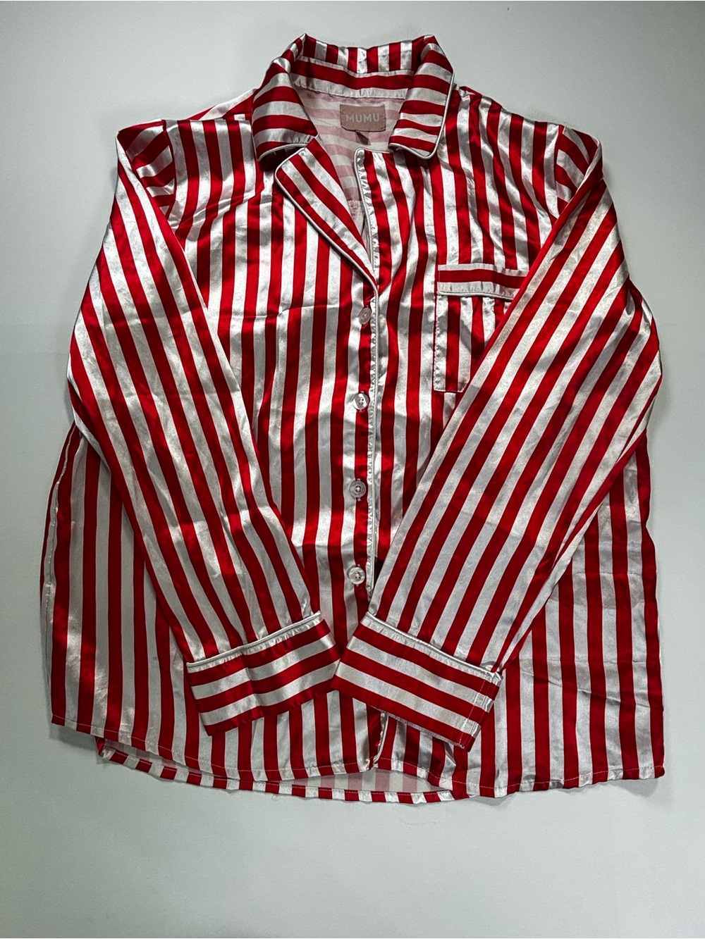 Show Me Your MuMu Red and White Striped Satin Pajama Shirt